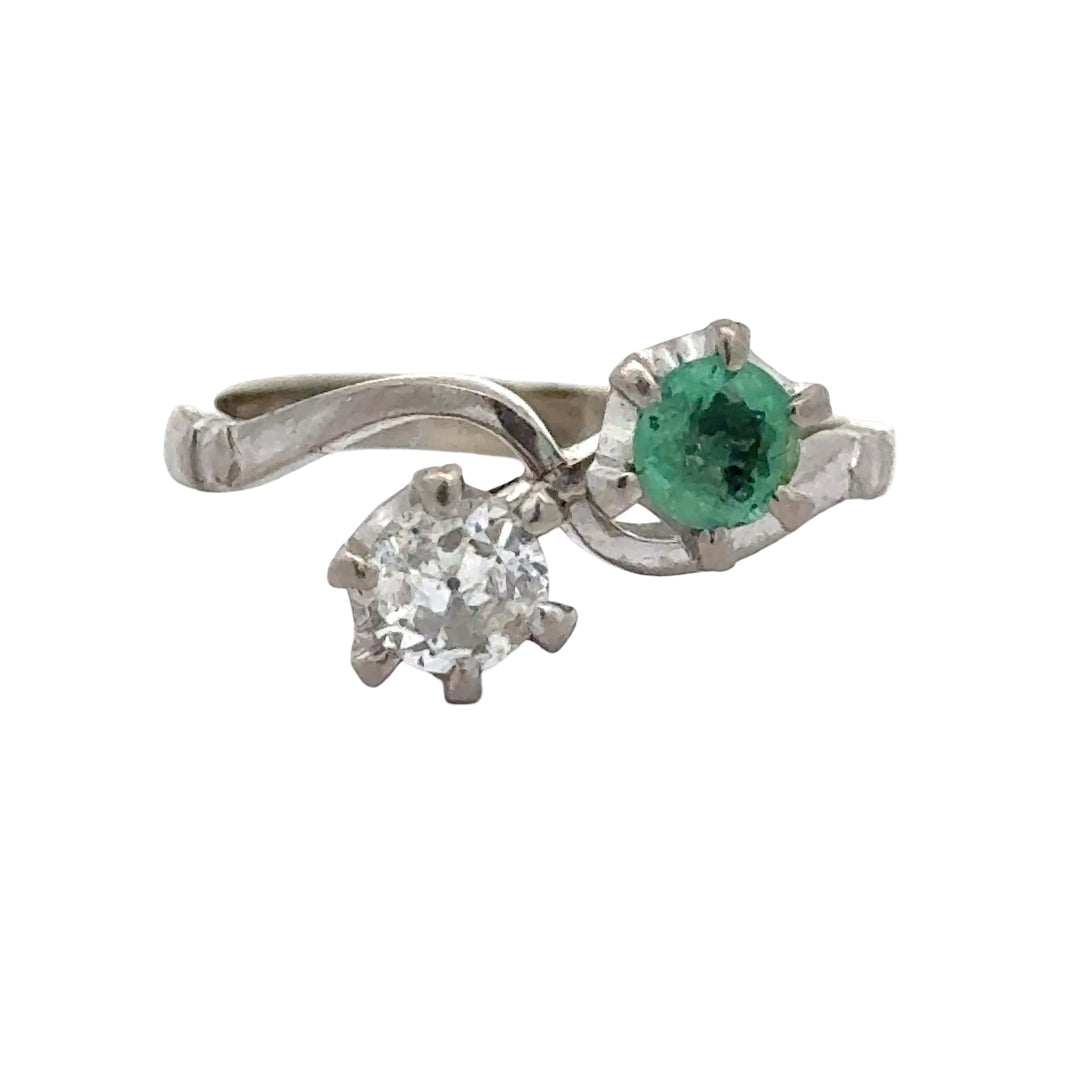 Retro Diamond and Emerald Bypass Platinum Ring