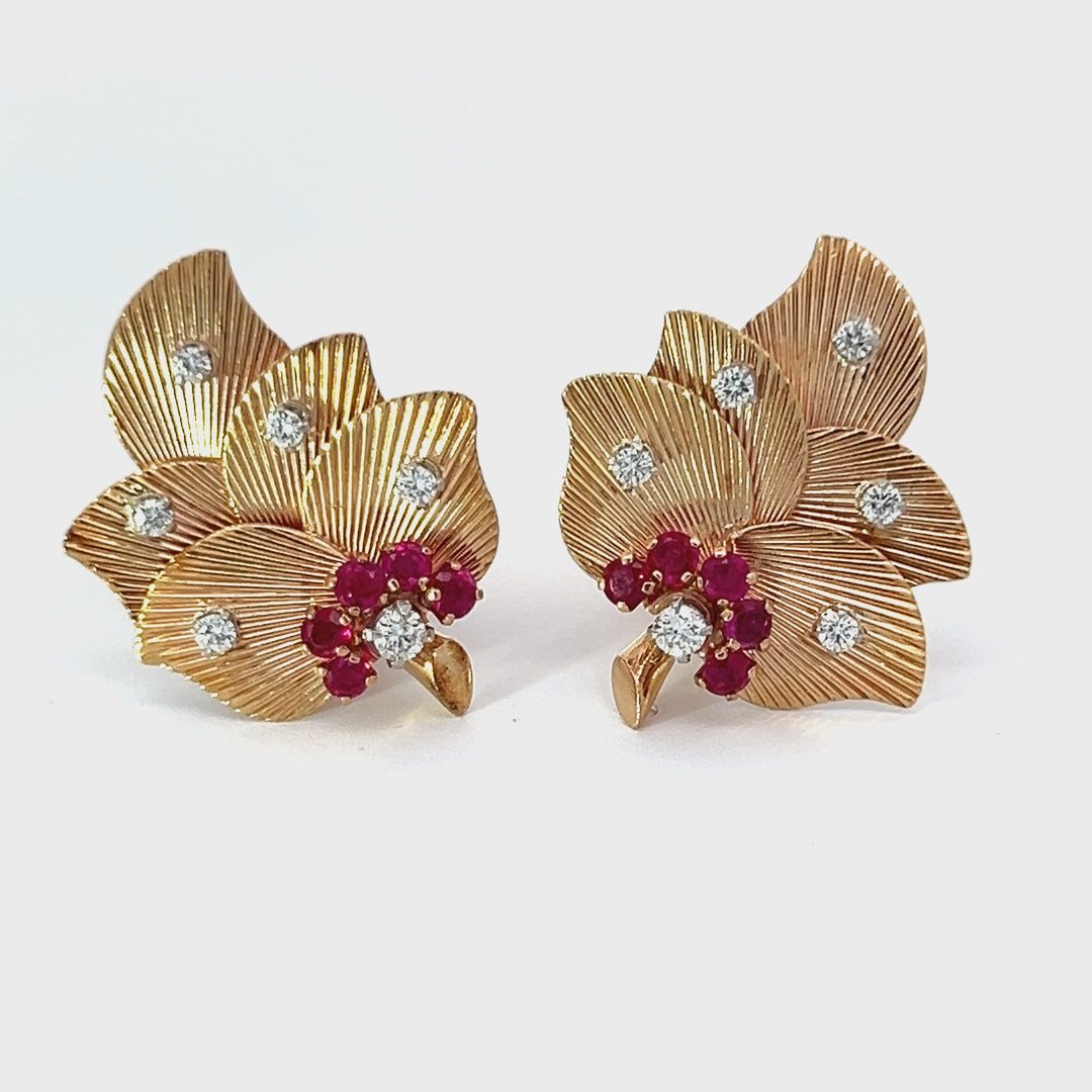 Retro Ruby, Diamond and 18K Gold Leaf Earrings