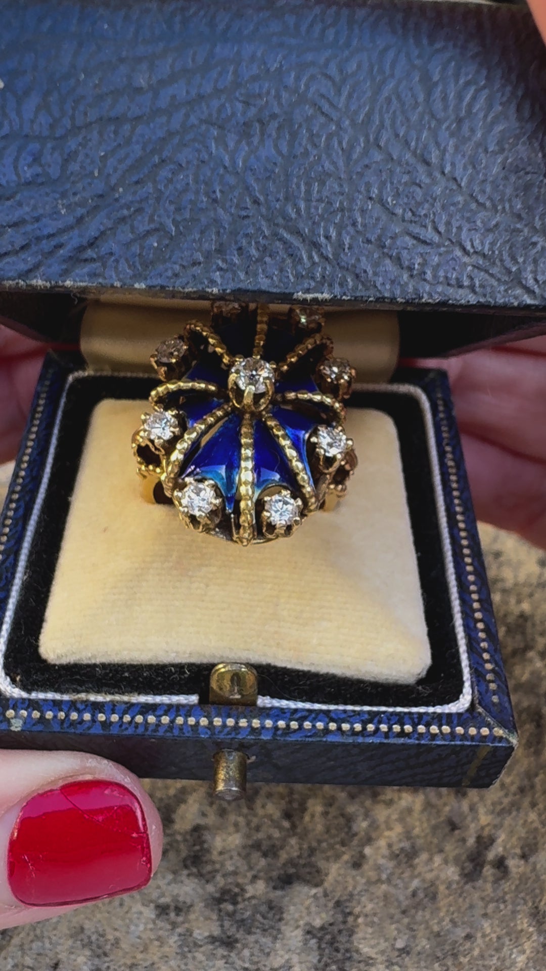 Diamond, Blue Enamel and 14K Yellow Gold Antique Ring