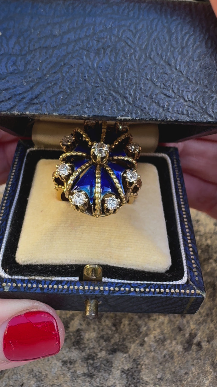 Diamond, Blue Enamel and 14K Yellow Gold Antique Ring