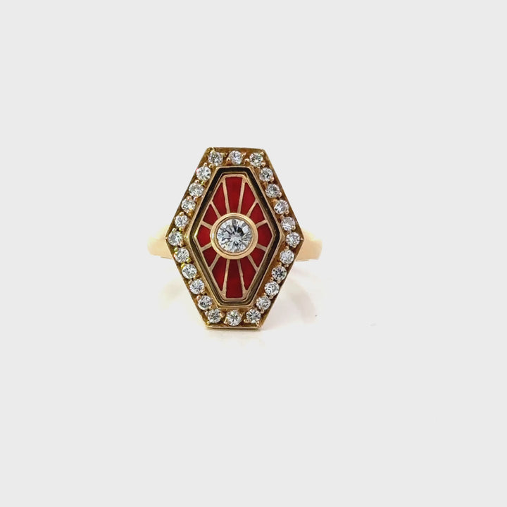 18K Yellow Gold Diamond & Red Enamel Cocktail Ring