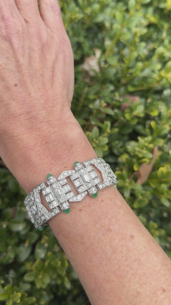 Art Deco Diamond, Emerald and Platinum Bracelet