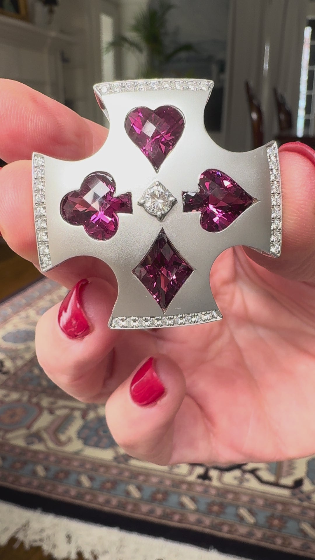 Custom Made Garnet and Diamond 18K White Gold Playing Card Suit Pendant