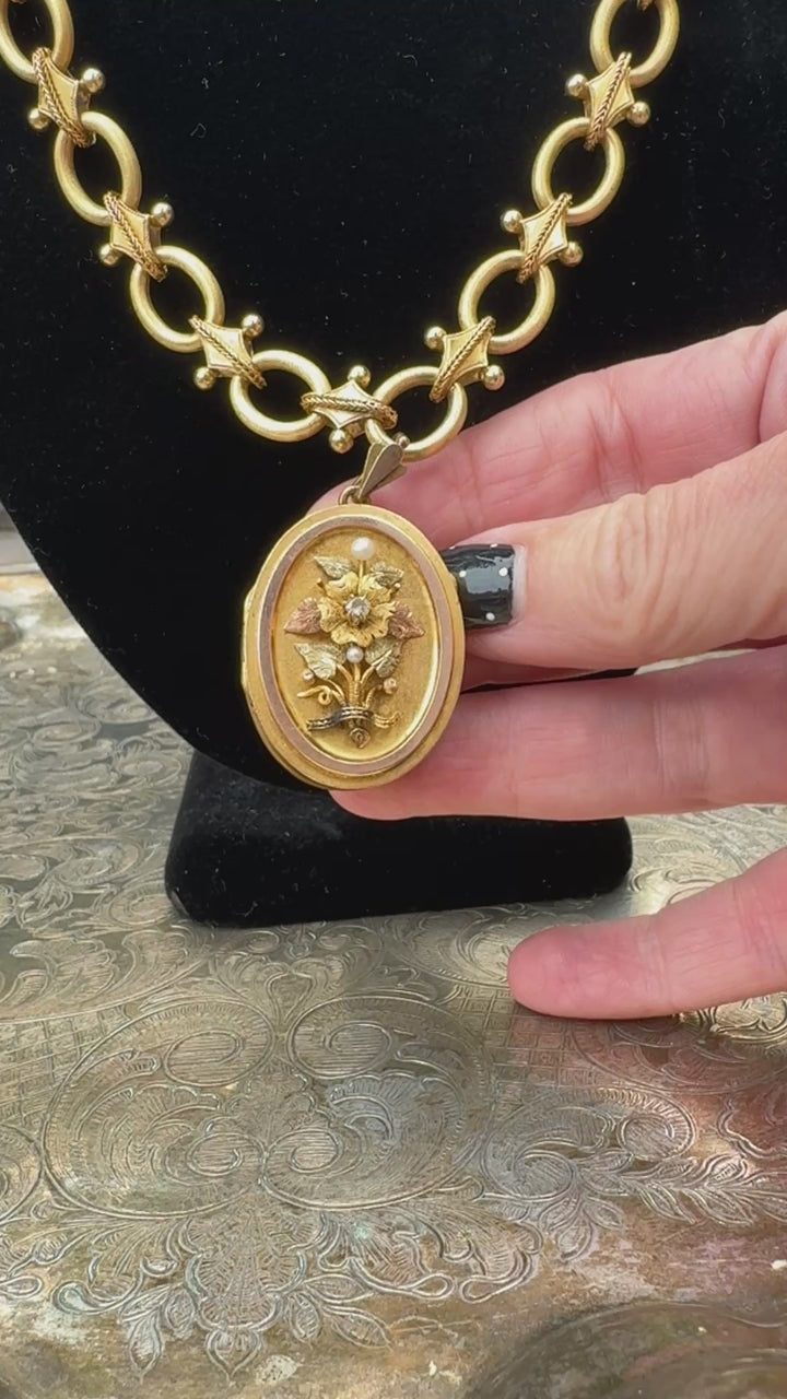 Antique Victorian 18K Tri-Gold, Diamond, Pearl Locket on Fancy Link Chain Necklace