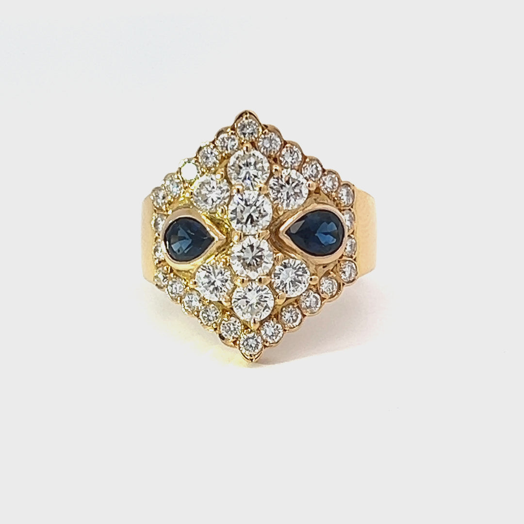 Bold Natural Diamond, Sapphire and 18k Yellow Gold Ring