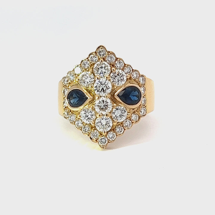 Bold Natural Diamond, Sapphire and 18k Yellow Gold Ring