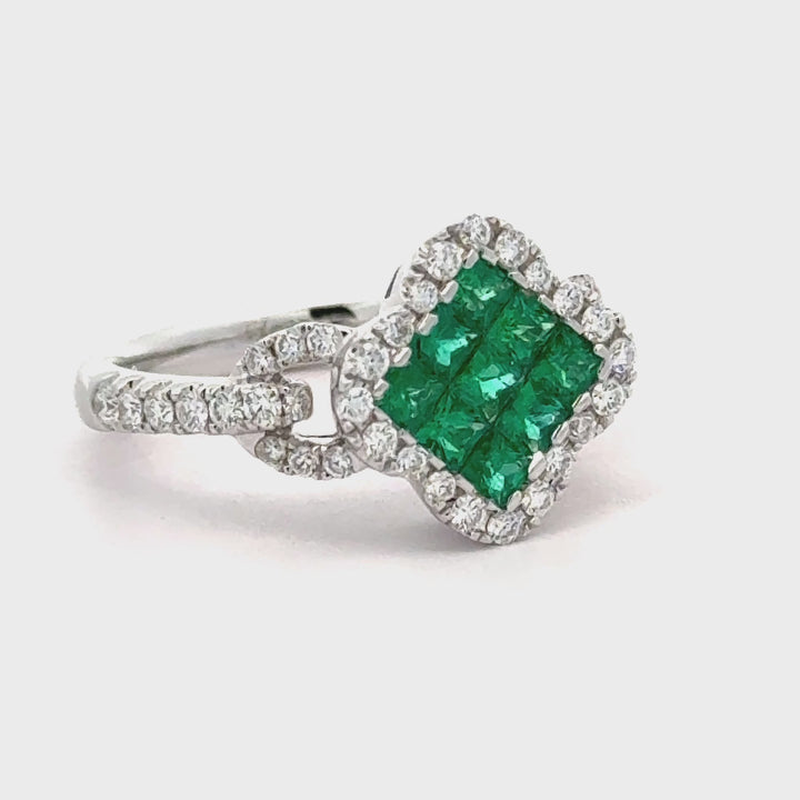 Emerald, Diamond and 18K White Gold Cocktail Ring