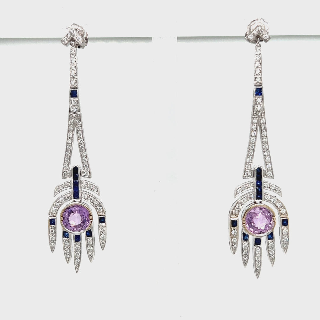Pink Sapphire, Blue Sapphire, Diamond and 18K White Gold Art Deco Style Chandelier Earrings