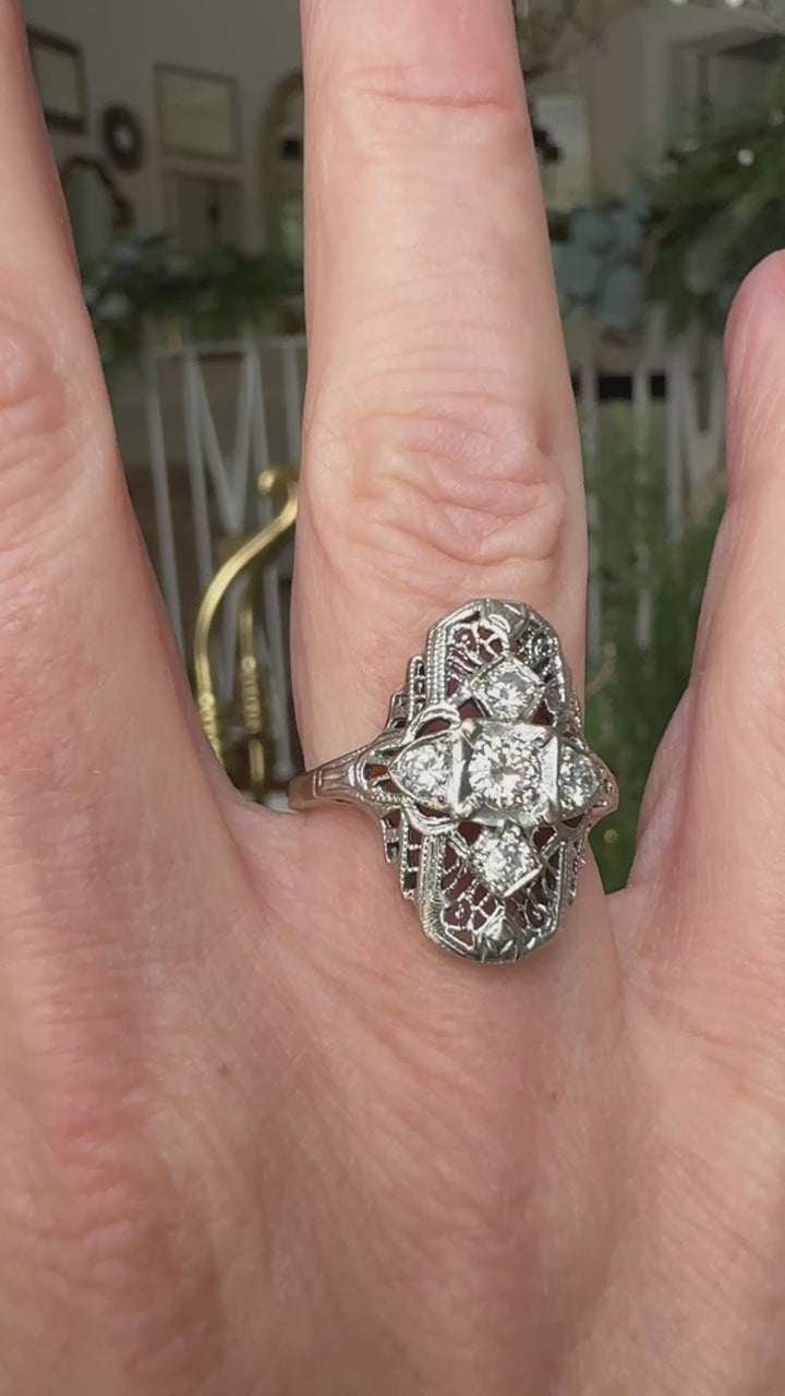 Estate Filigree Diamond and 14K White Gold Ring