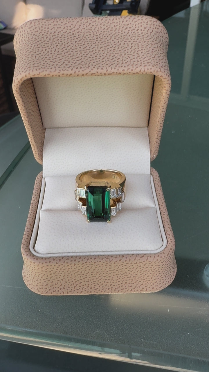 Green Tourmaline, Diamond and 18K Yellow Gold Statement Ring