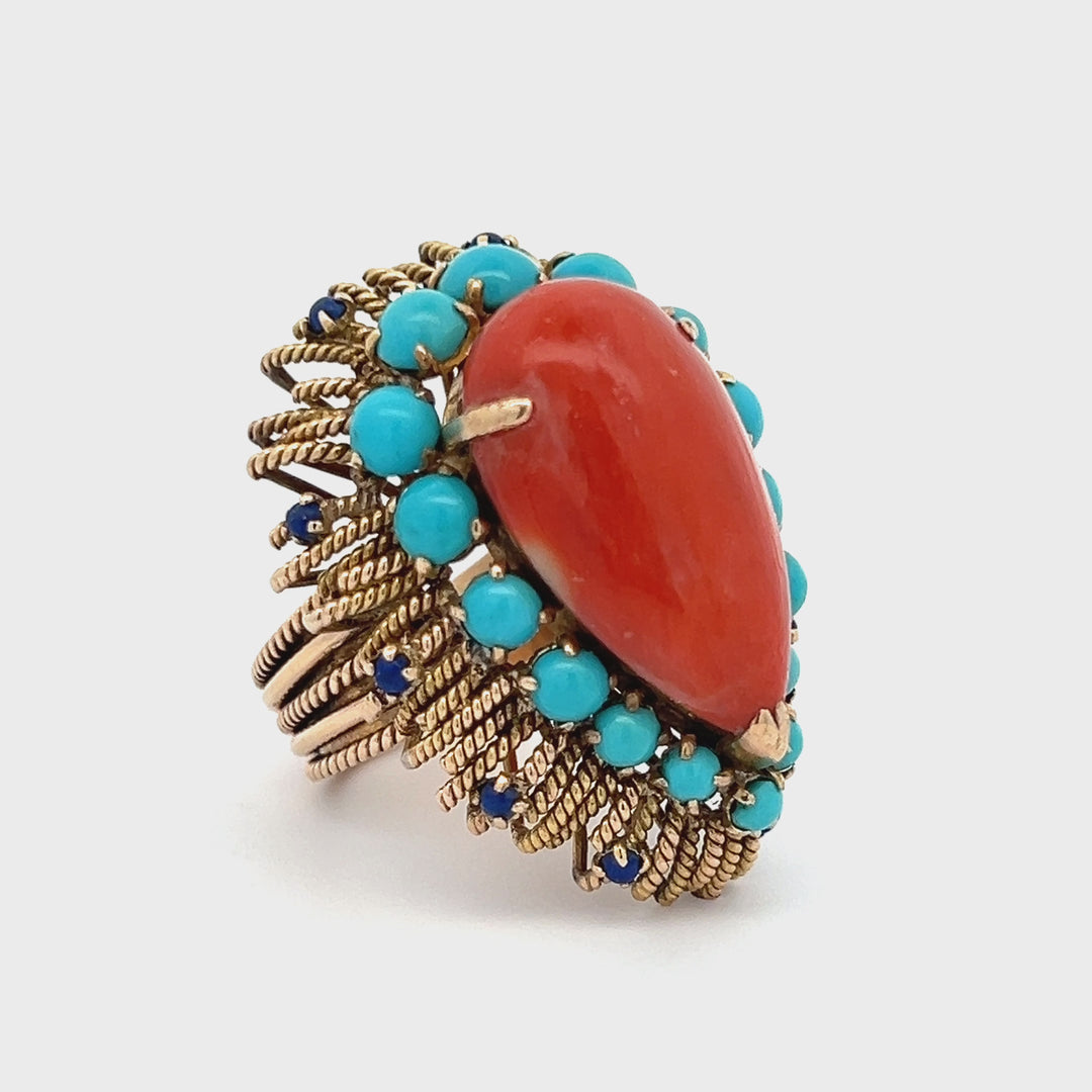 Coral, Turquoise, Lapis Lazuli and Yellow Gold Cocktail Ring