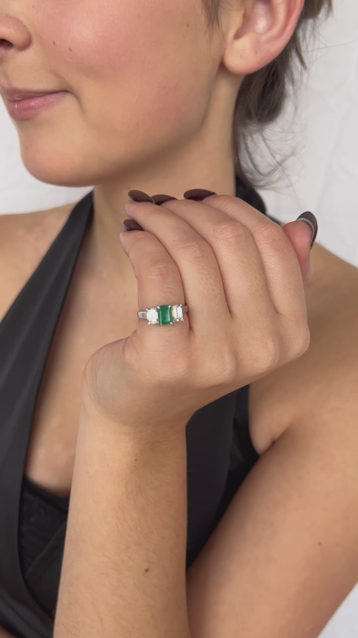 Emerald, Diamond and Platinum Three Stone Ring