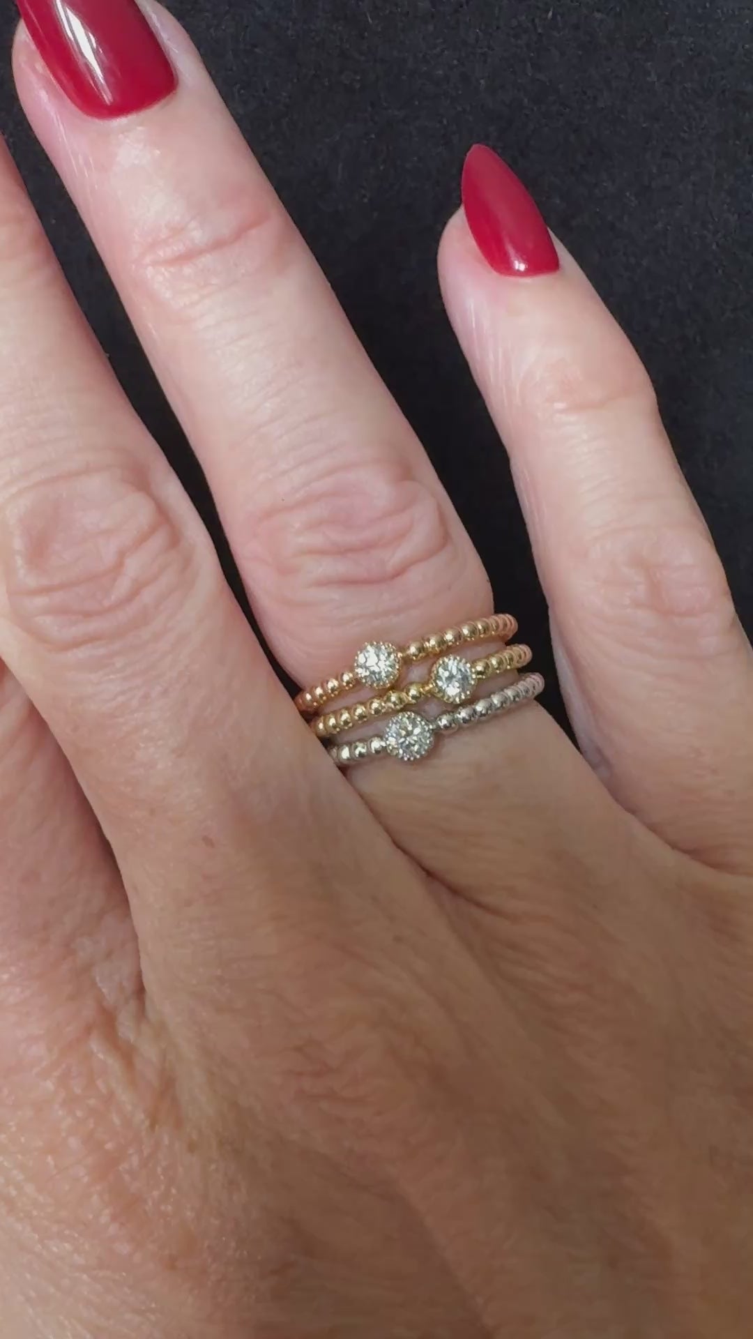 Set of Three Yellow, Rose and White 14k Gold Bezel Set Natural Diamond Ring