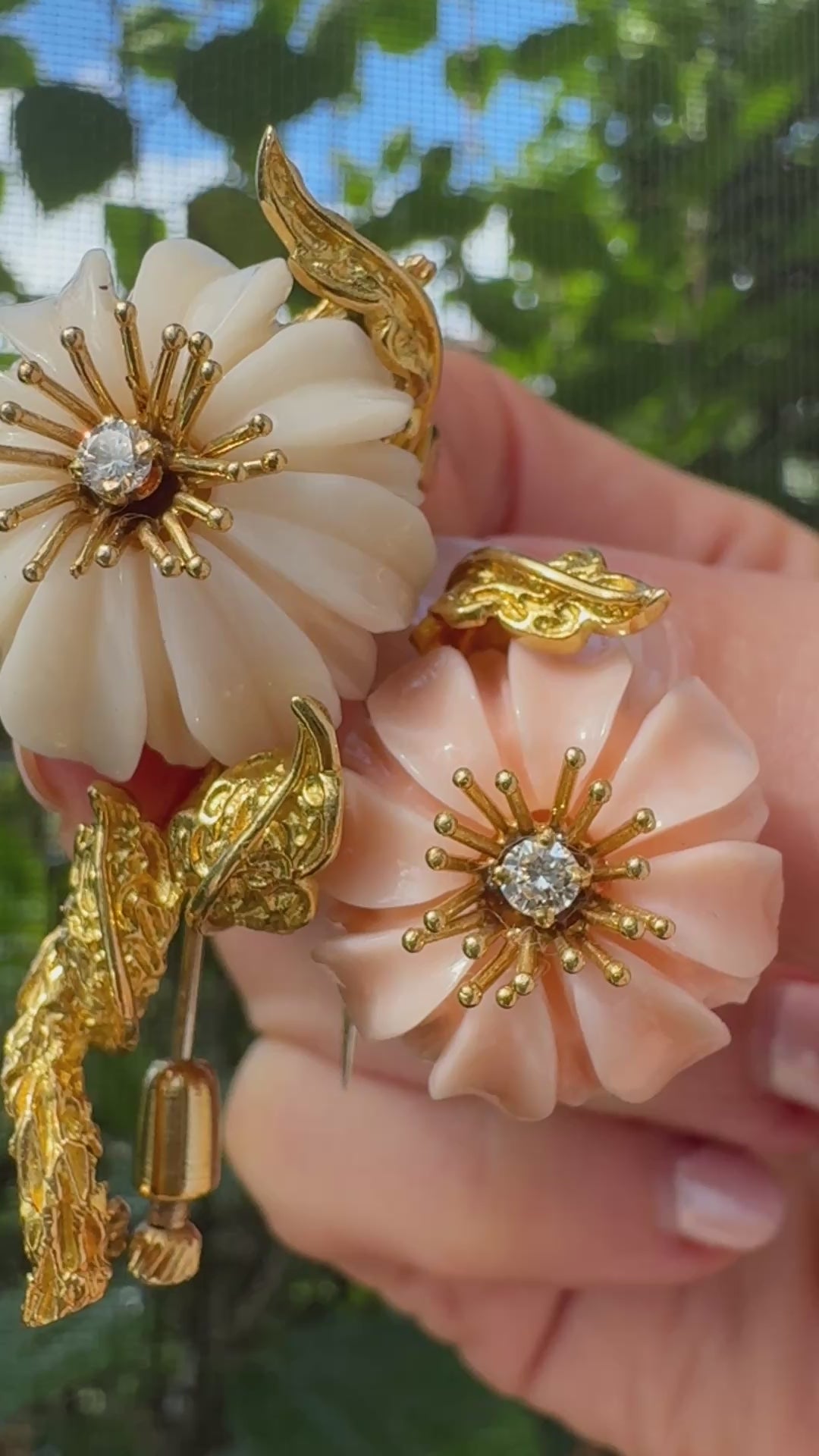 Circa 1960's Italian Angel Skin Coral and Diamond 18kt. Yellow Gold Brooch