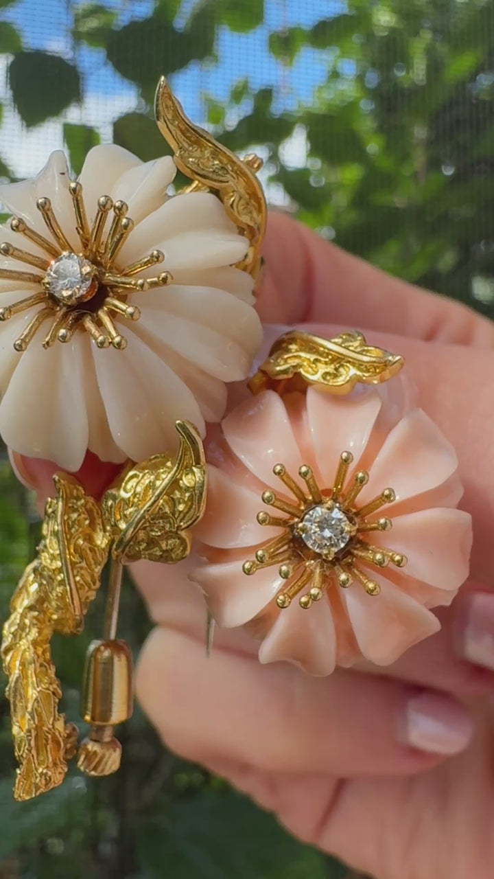 Circa 1960's Italian Angel Skin Coral and Diamond 18kt. Yellow Gold Brooch
