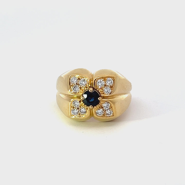 18k Yellow Gold, Diamond and Sapphire Vintage Flower Ring