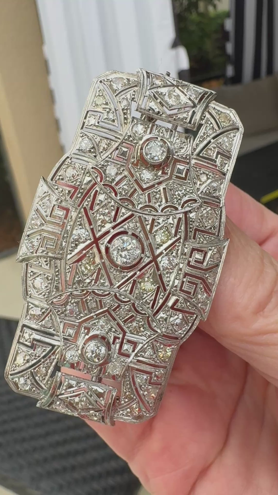 Art Deco Platinum Diamond Brooch Pendant | 2.75 CTW Old Cut Diamonds | Greek Key Design | Circa 1925