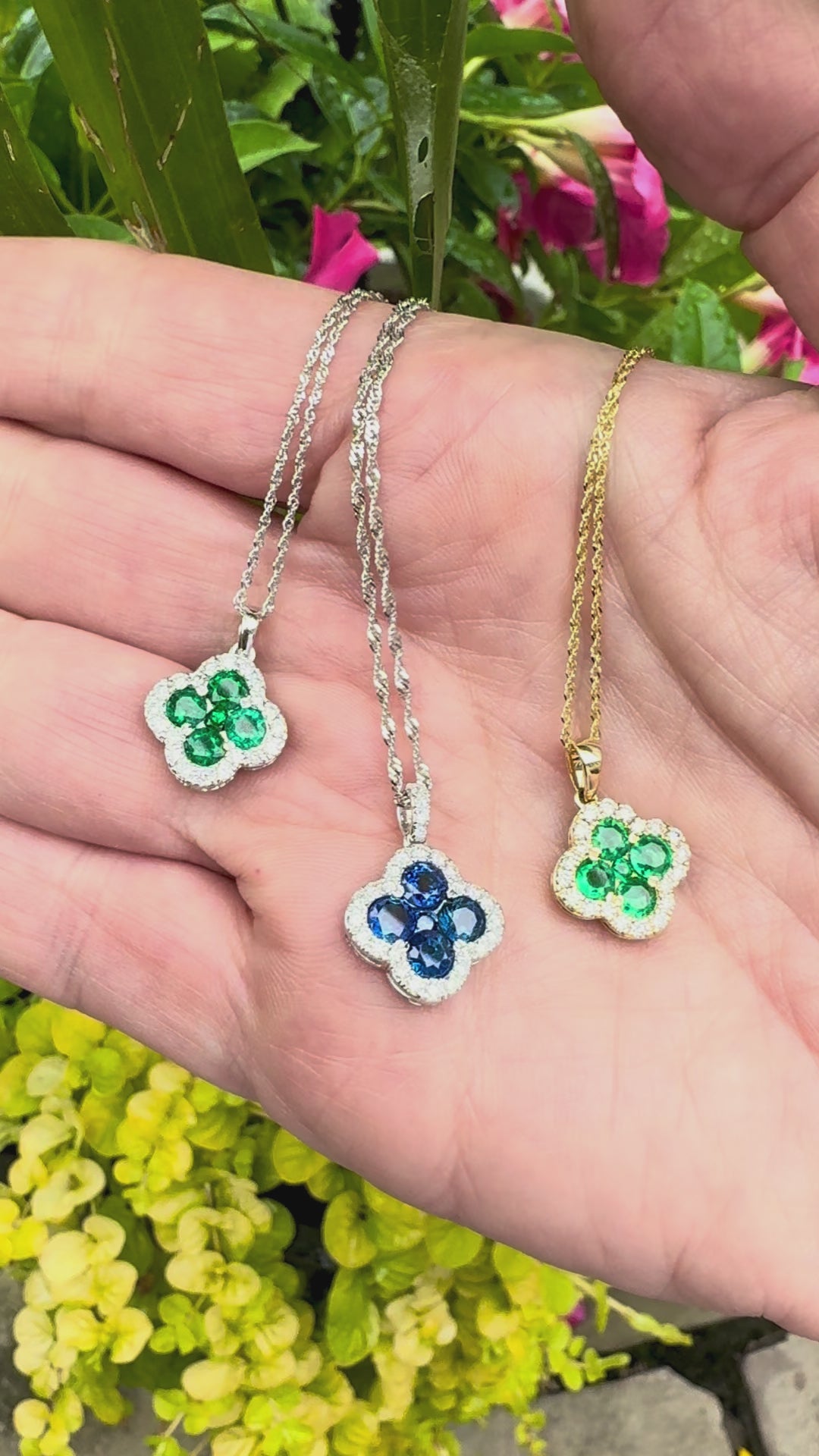Diamond and Sapphire 14K White Gold Clover Necklace