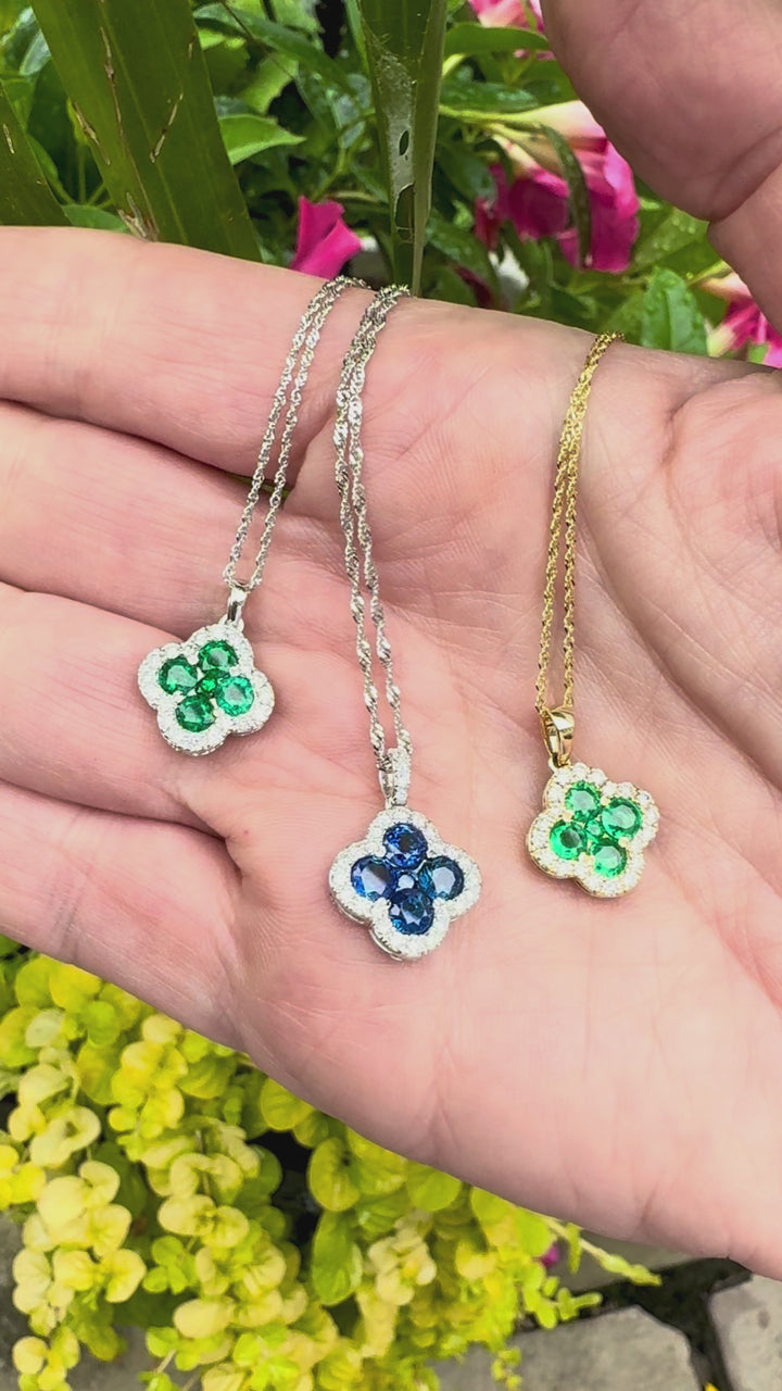 Diamond and Sapphire 14K White Gold Clover Necklace