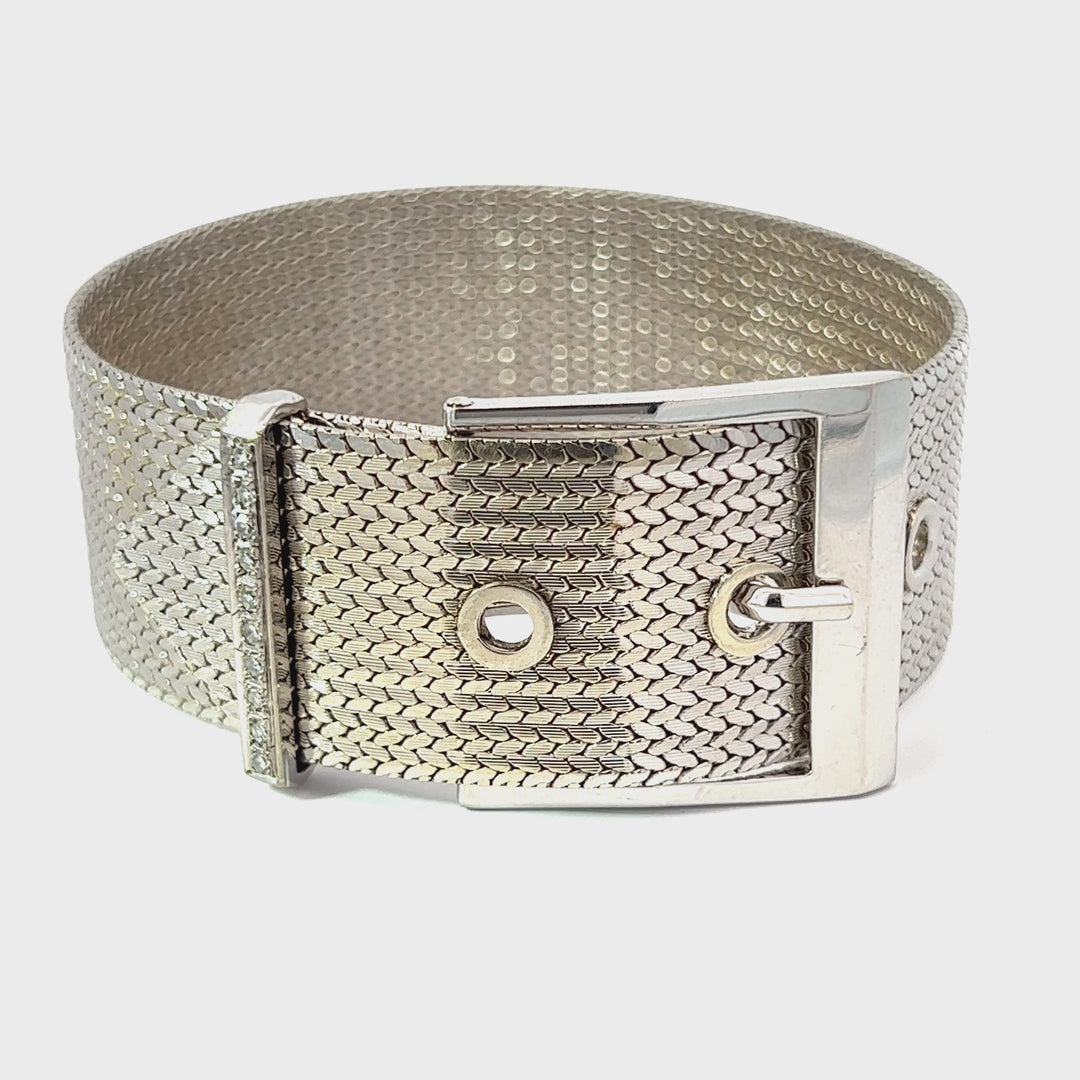 Vintage Italian Diamond and 18K White Gold Buckle Bracelet