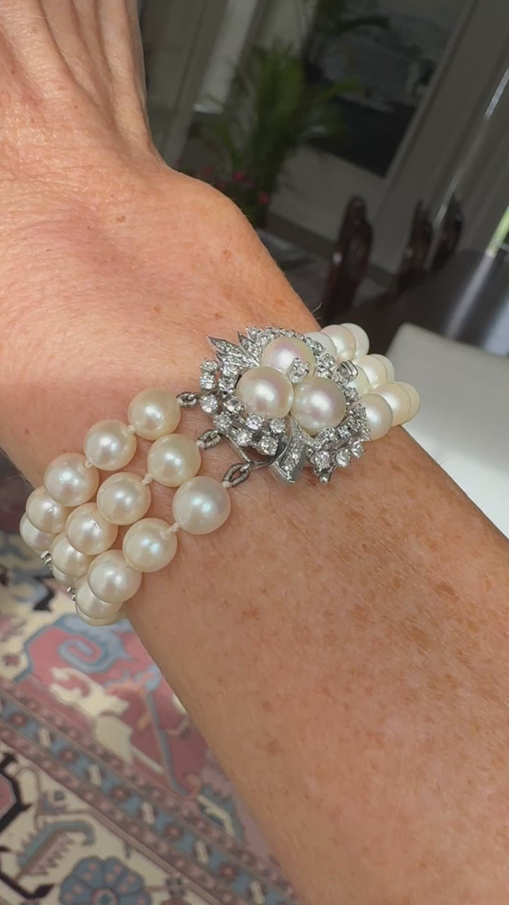 Multi Row Cultured Pearl and Diamond 14k White Gold Bracelet