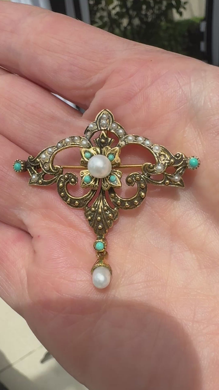 Victorian 14K Gold Turquoise & Natural Seed Pearl Convertible Brooch Pendant with Pearl Drop, Russian Mark