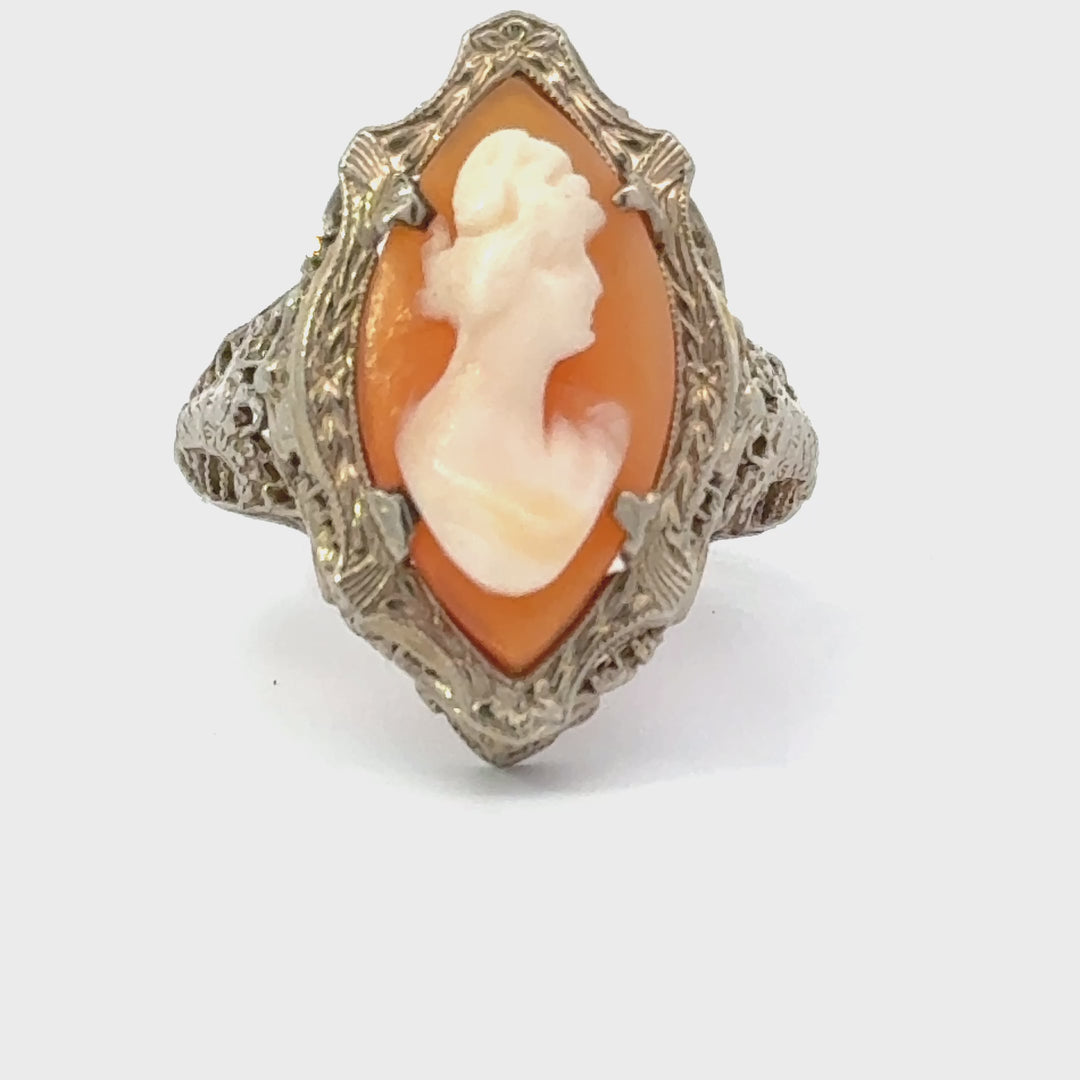 Antique Cameo Filigree 14K White Gold Ring