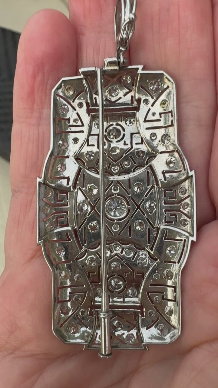 Art Deco Platinum Diamond Brooch Pendant | 2.75 CTW Old Cut Diamonds | Greek Key Design | Circa 1925