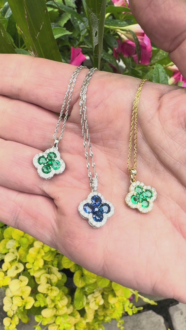 Diamond and Emerald 14K White Gold Clover Necklace