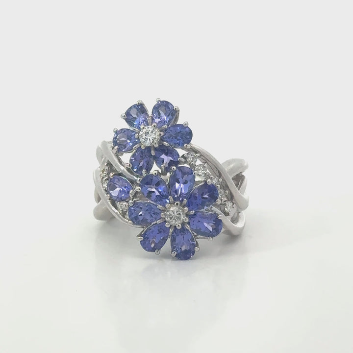 Estate 3.18 CTW Tanzanite & Diamond Flower Ring in 18K White Gold