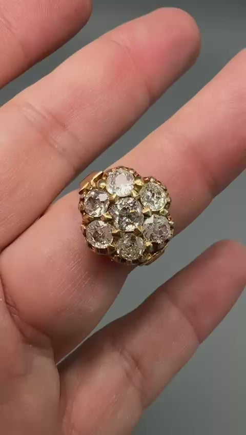 Antique Victorian Seven Diamond and 14K Yellow Gold Flower Ring