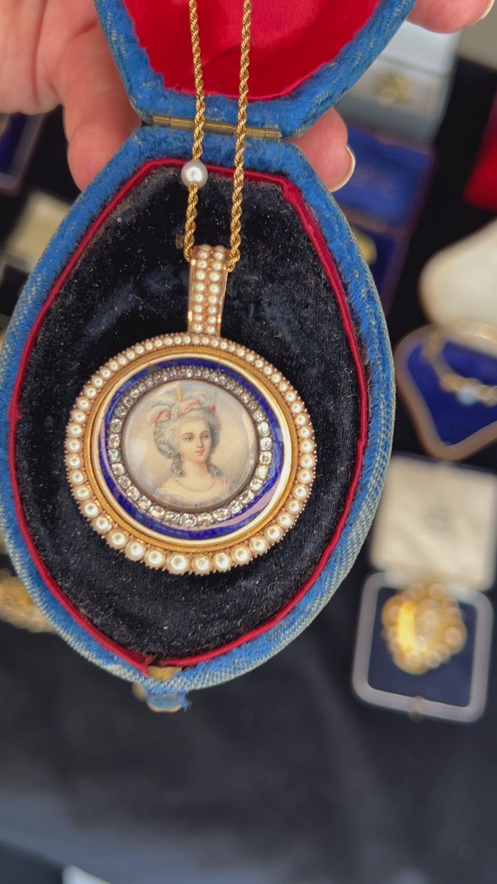 Circa 1875 Diamond, Pearl and Enamel Hand Painted Portrait Locket/Necklace