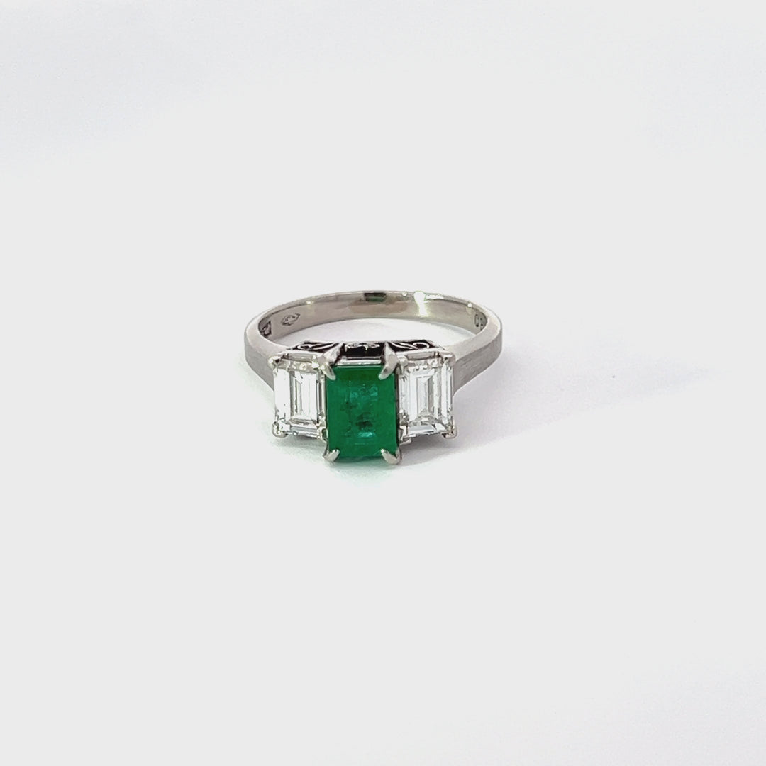 Emerald, Diamond and Platinum Three Stone Ring