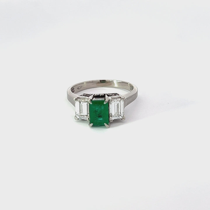 Emerald, Diamond and Platinum Three Stone Ring