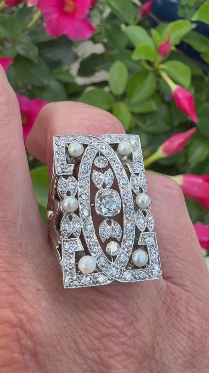 Vintage Diamonds and Pearl Platinum and 14Kt White Gold Filigree Ring