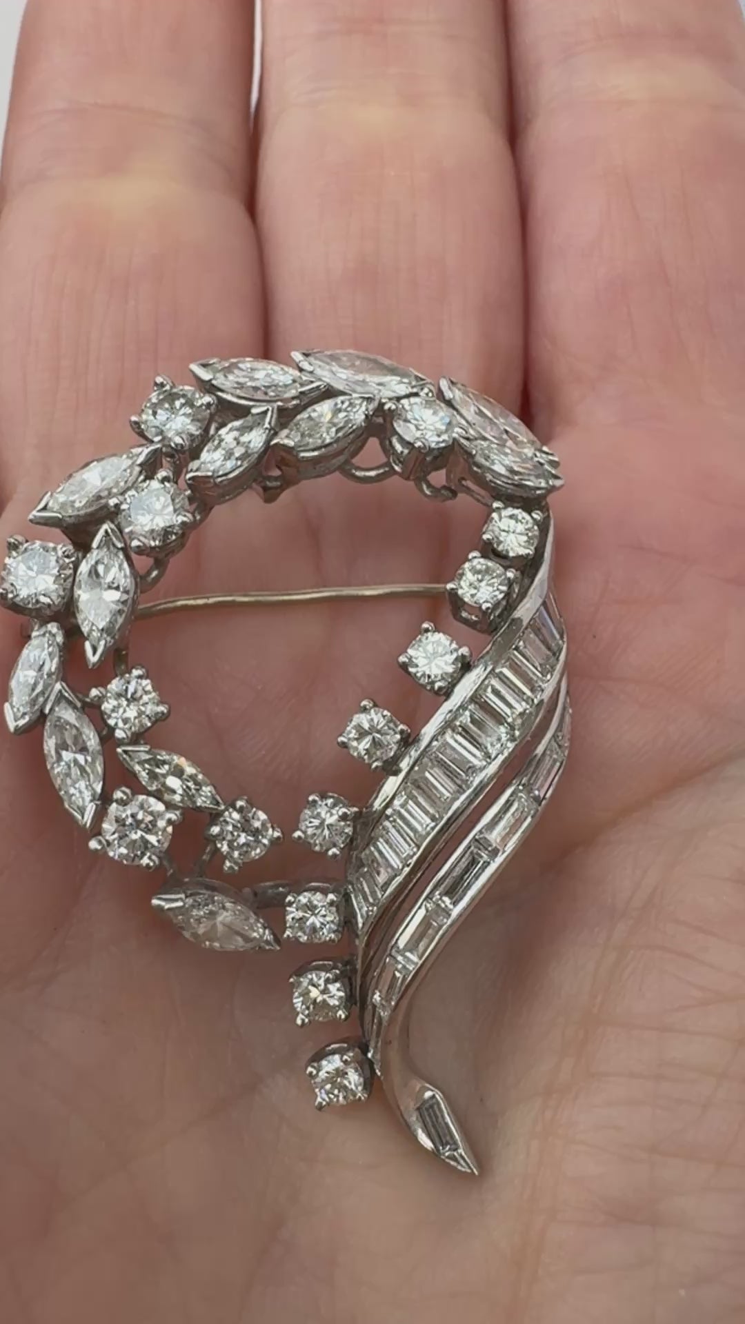 Mid-Century Platinum Diamond Brooch | 5.00 CTW Marquise, Round & Baguette Diamond Ribbon Wreath Pin