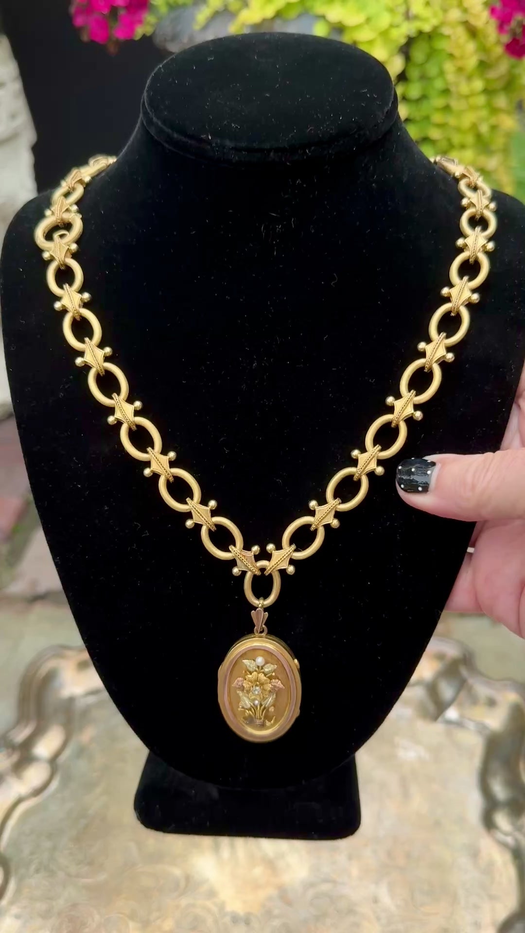 Antique Victorian 18K Tri-Gold, Diamond, Pearl Locket on Fancy Link Chain Necklace