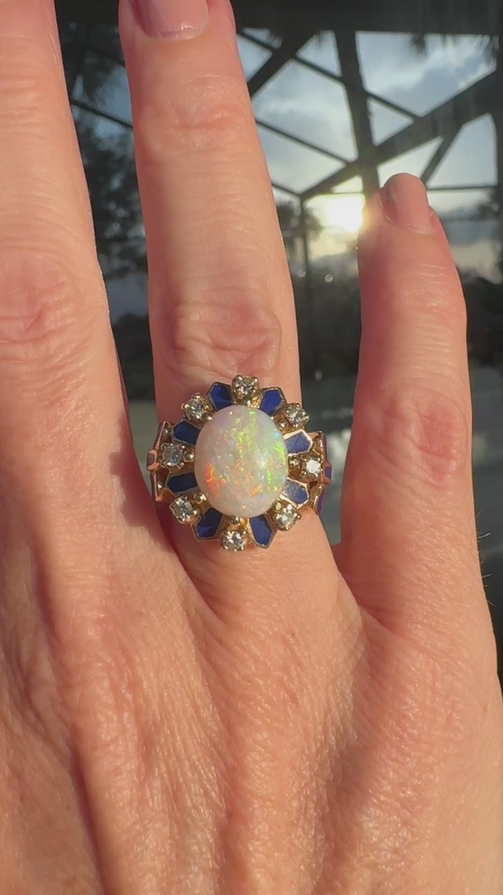 Estate Opal, Diamond and Blue Enamel 14K Yellow Gold Ring