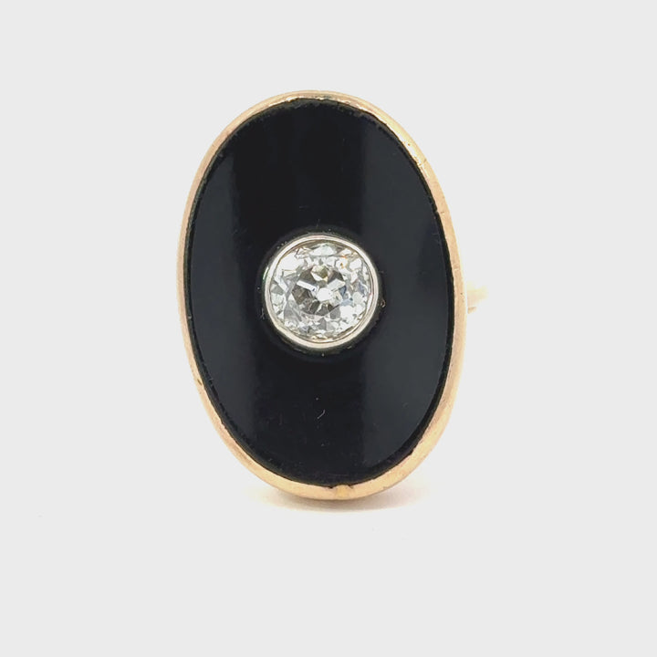 Old European Cut Diamond, Black Onyx in 14K Yellow Gold Vintage Ring