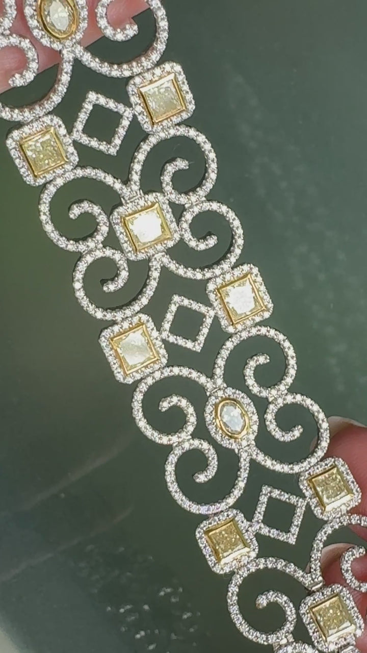 Designer AV 8.80cttw Natural Fancy Yellow and White Diamond 14K Yellow and White Gold Bracelet