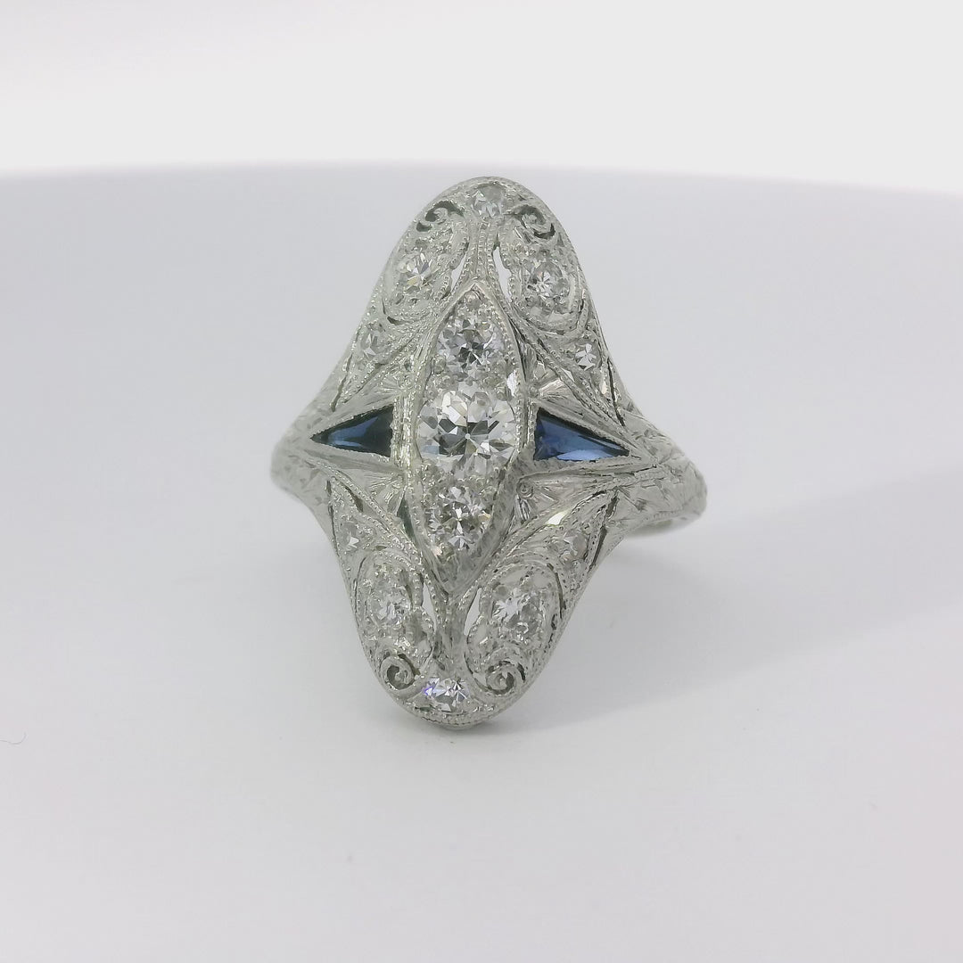 Art Deco Diamond and Sapphire 14K Gold Ring
