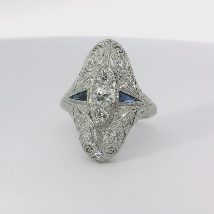 Art Deco Diamond and Sapphire 14K Gold Ring