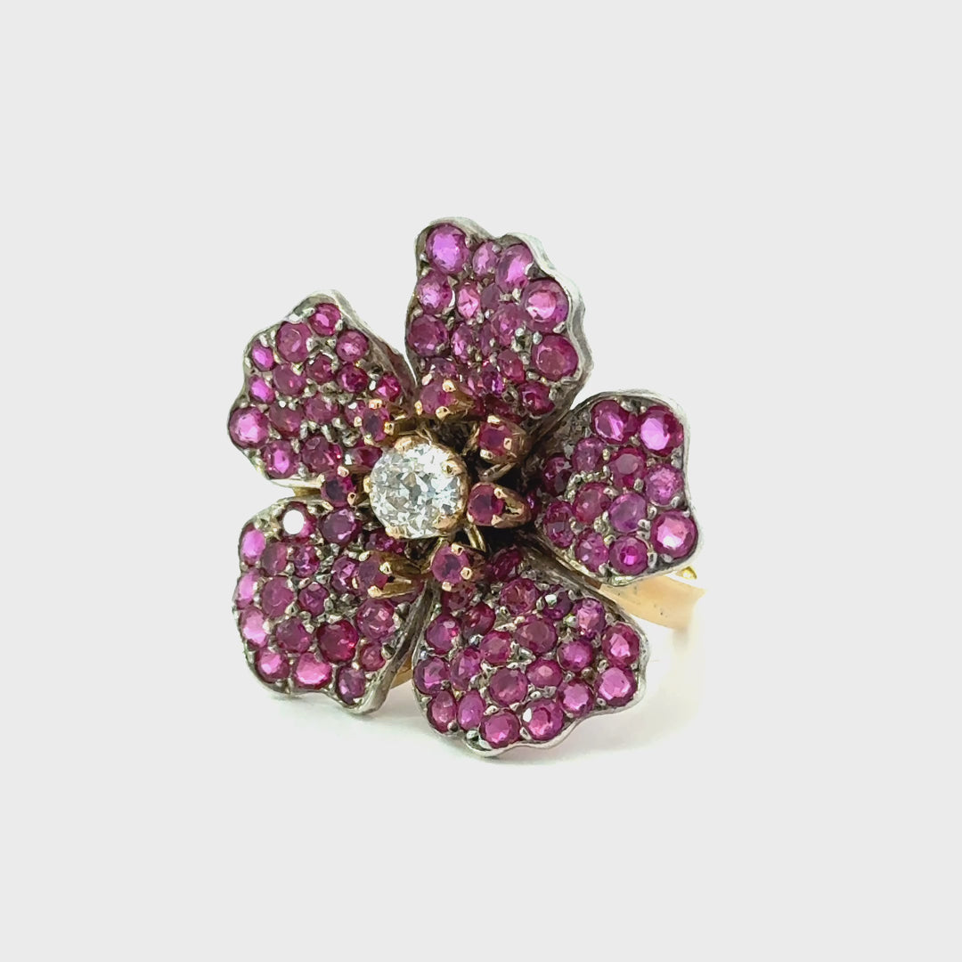 Estate Ruby & Old European Cut Diamond Flower Ring in 18K Gold