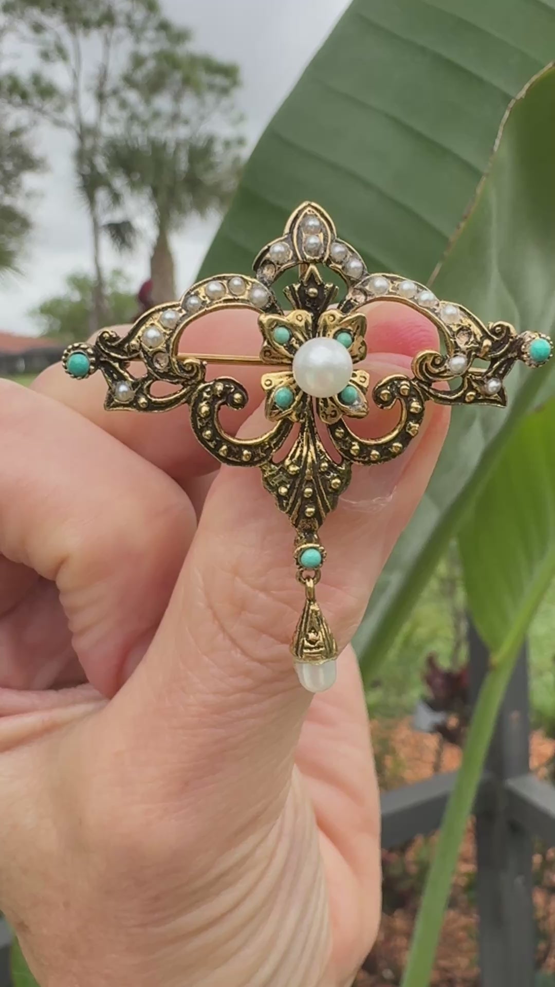 Victorian 14K Gold Turquoise & Natural Seed Pearl Convertible Brooch Pendant with Pearl Drop, Russian Mark