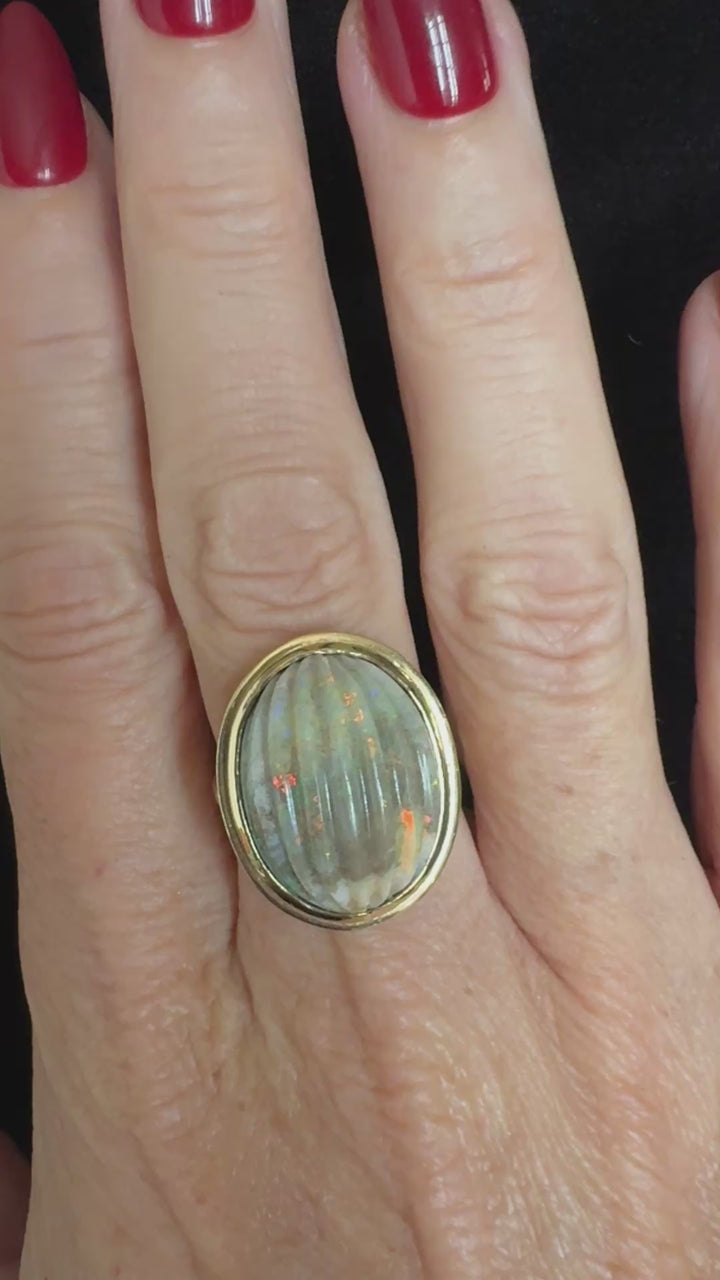 14K Yellow Gold Carved Opal Bezel Set Ring