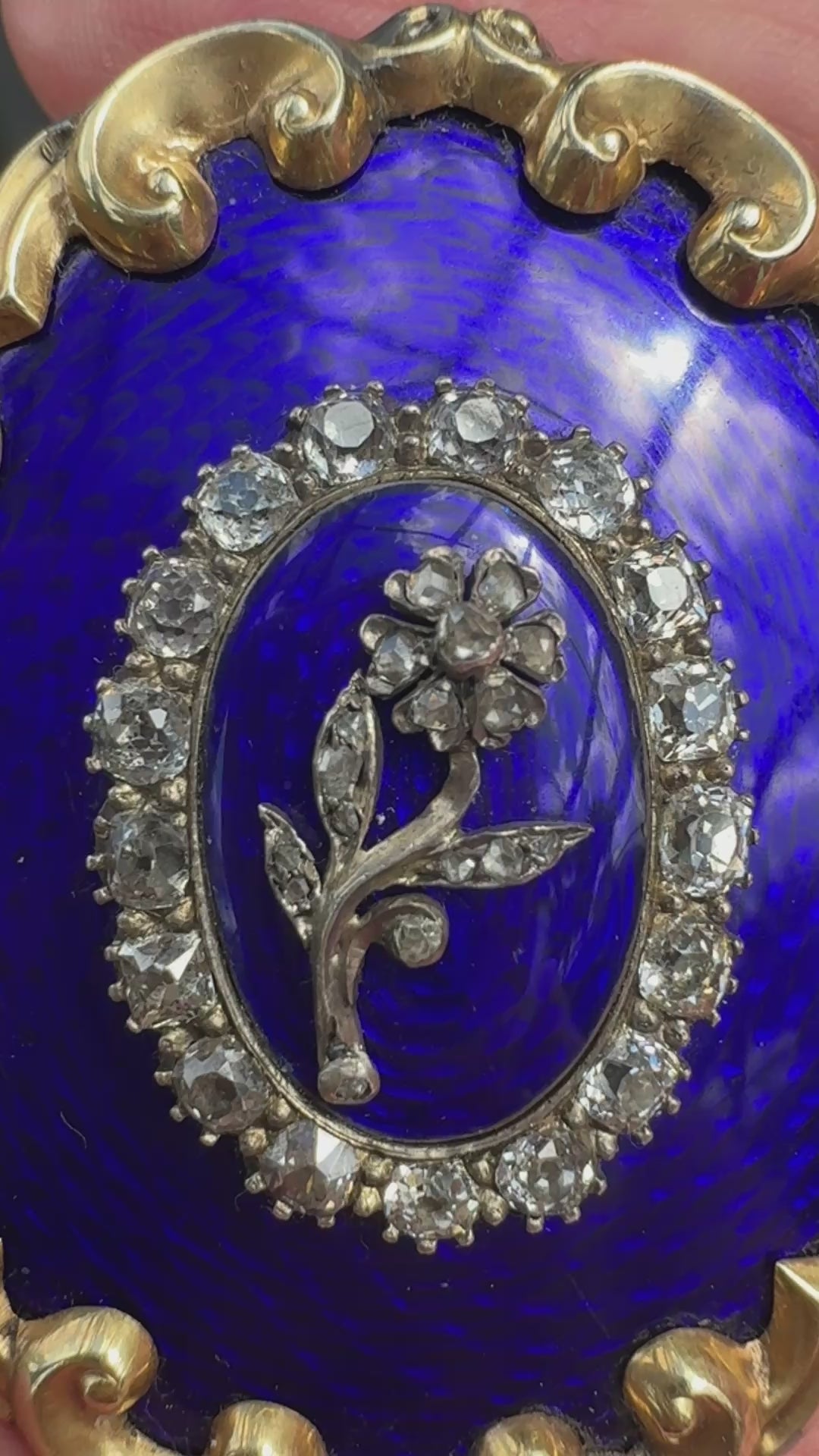 Antique Victorian Cobalt Guilloché Enamel & Diamond Statement Brooch