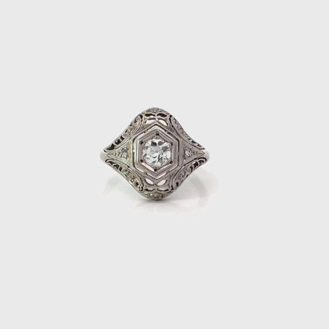 Art Deco Platinum Old European Cut Diamond Filigree Ring – 0.34 CTW