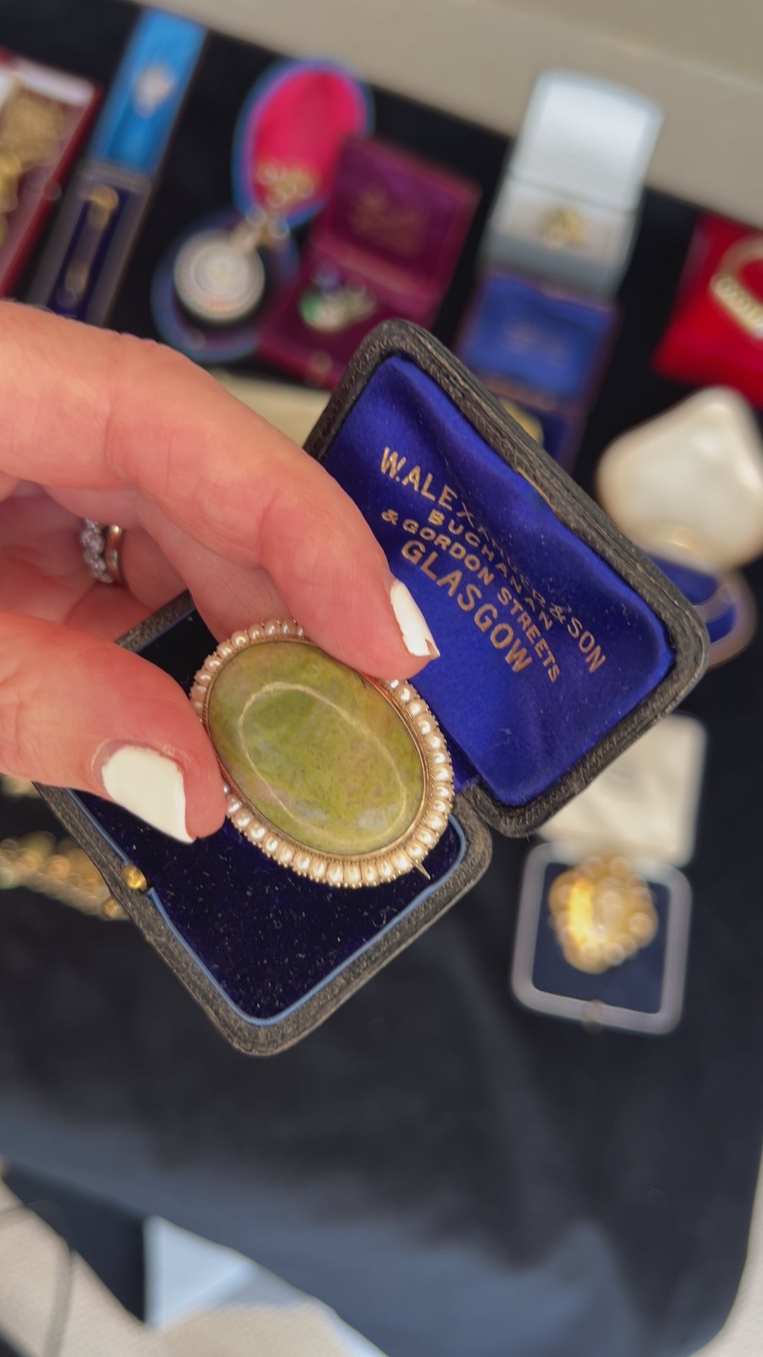 1800s Unakite, Natural Pearls and 14K Yellow Gold Engraved Brooch