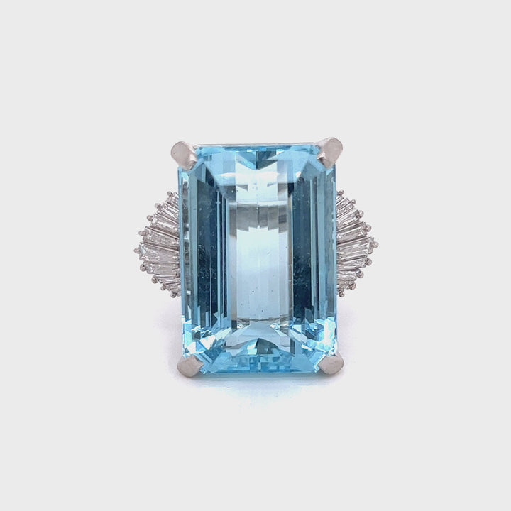 Vintage 34.59 Carat Aquamarine and Natural Diamond Platinum Ring