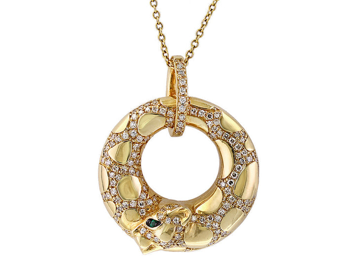Diamond, 14K Yellow Gold and Emerald Circle Panther Necklace